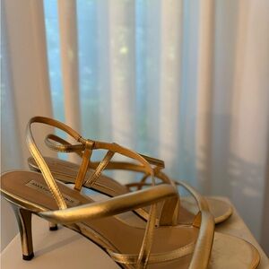 Saks Fifth Avenue Metallic Gold Strappy Low Heel Sandals
